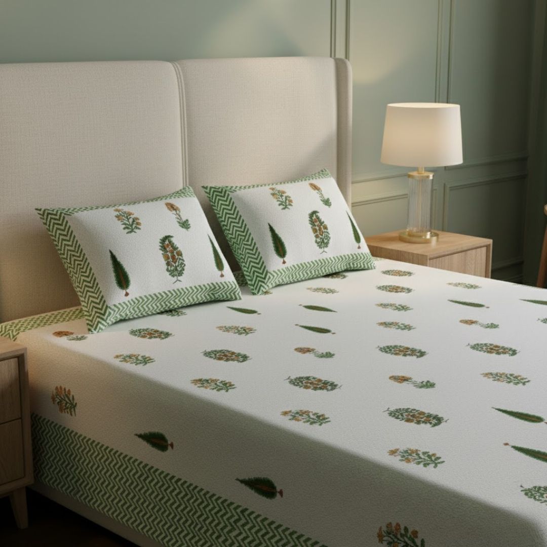 Folklore Fables Green Block Print Pure Cotton Double Bedsheet
